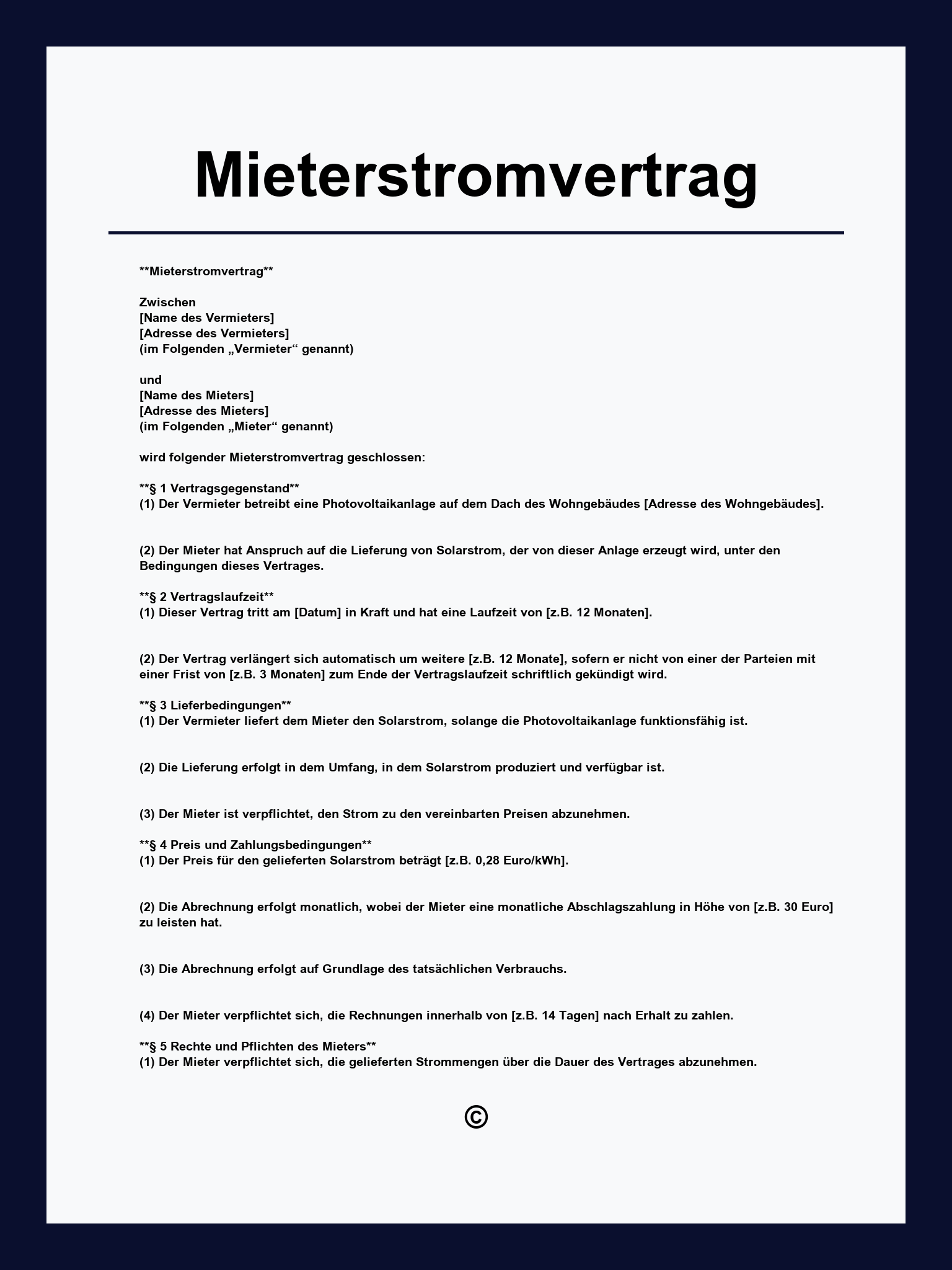 Vorlage Mieterstromvertrag